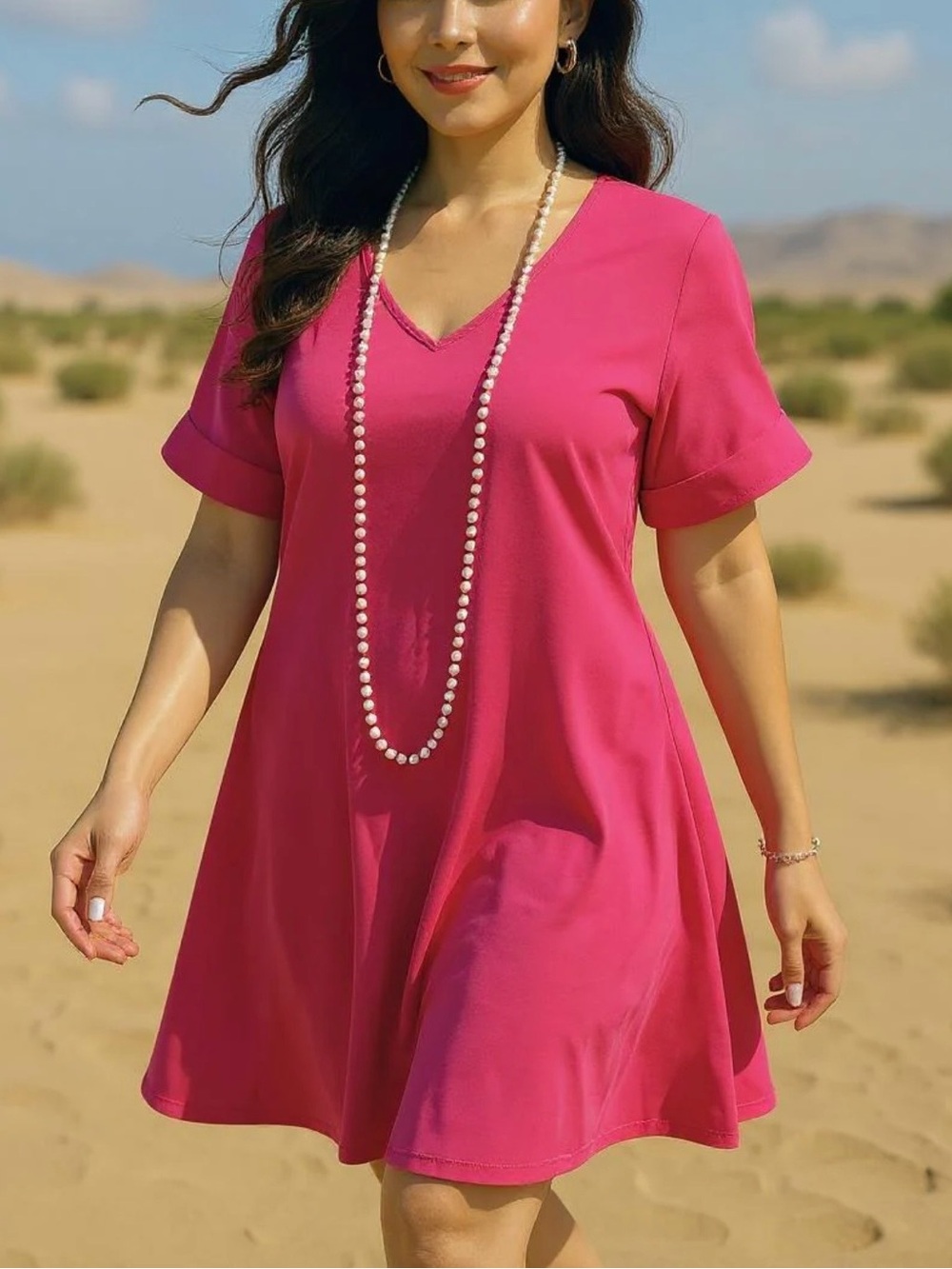 V-Neck Fuchsia Short Sleeve Swim Cover-Up Dress